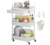 Wuciray Beauty Trolley on Wheels 3 Tier Storage Trolley with Drawer Plastic Beauty Trolleys Rolling Utility Cart Craft Trolleys on Wheels for Home Kitchen Bathroom Laundry Office White