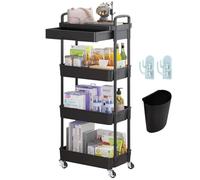 Wuciray Beauty Trolley on Wheels 4 Tier Storage Trolley with Drawer Plastic Beauty Trolleys Rolling Utility Cart Craft Trolleys on Wheels for Home Kitchen Bathroom Laundry Office Black