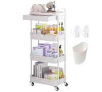 Wuciray Beauty Trolley on Wheels 4 Tier Storage Trolley with Drawer Plastic Beauty Trolleys Rolling Utility Cart for Home Kitchen Bathroom Laundry Office White Storage Trolleys on Wheels