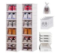 Wuciray Shoe Storage Box 12PCS Shoe Organiser Clear Stackable with Magnetic Door Installation Free Plastic Trainer Storage Organise Foldable Space Saving Shoe Rack for Sneaker Boot Container White