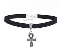 Wudaizhi 1pc Fashion Jewelry Choker Necklace Black 10mm Flat Suede Cord Egypt Ankh Cross Charm Choker Necklace