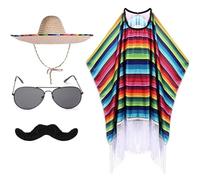 Wudaizhi Mexican Party Costume Set for Kids Include Mexican Serape Poncho Sombrero Hat Sunglasses Fake Mustache for Halloween Carnival Cinco De Mayo Costume