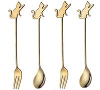 Wudaizhi Pastry Fork and Tea Spoon Set 4pcs Cat Stainless Steel Dessert Forks Spoons Mini Cake Spoon Dessert Fork