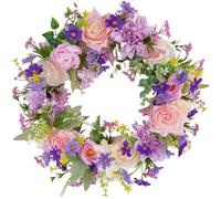 Wudaizhi Spring Wildflower Wreath for Front Door,40cm Artificial Flower Wreaths with Colorful Flowers, and Leaves,Silk Summer Floral Wreaths for Spring Summer Decor