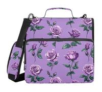 Wudan Beauty Rose Purple Binder Zipper Organizer with Shoulder Strap & Handle Waterproof 1.5 Inch 3 Rings Pencil Case Portfolio Binder Home Travel Cards Storage Container