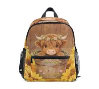Wudan Kid Boys Backpack with Pockets Boys Student Book Bags for Amusement Park, Sunflowers Highland Cow, M