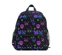 Wudan Kids Tennis Backpack with Bottle Pockets Child Students Bookbag for Amusement Park, Neon Gothic Cats Stars, M