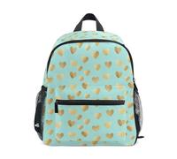 Wudan Kids Travel Backpack with Bottle Pockets Preschool Kids Bookbag for Amusement Park, Gold Hearts Mint Green, M