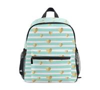 Wudan Kids Travel Backpack with Bottle Pockets Preschool Kids Bookbag for Amusement Park, Hearts Mint Green Stripes, M