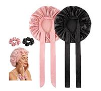 WUDEUI 2 Pack Silk Satin Bonnet for Sleeping, Black & Blush Pink Hair Wraps Set with Adjustable Elastic Tie Band and 2 Scrunchies, Soft Sleep Cap for Women Ladies Night Hair Protection