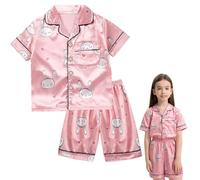WUDEUI Kids Silk Pyjamas Girls Boys, Satin Shorts Sleeve Pjs Nightwear Set, Button-Down Silky Children Sleepwear for Age 4-12 Pink