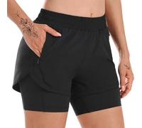 WUDEUI Womens 2 in 1 Running Shorts, High Waisted Athletic Gym Workout Yoga Trousers with Liner Zipped Pockets Black