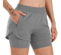 WUDEUI Womens 2 in 1 Running Shorts, High Waisted Athletic Gym Workout Yoga Trousers with Liner Zipped Pockets Grey