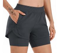 WUDEUI Womens 2 in 1 Running Shorts, High Waisted Athletic Gym Workout Yoga Trousers with Liner Zipped Pockets Dark Grey