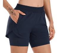 WUDEUI Womens 2 in 1 Running Shorts, High Waisted Athletic Gym Workout Yoga Trousers with Liner Zipped Pockets Navy