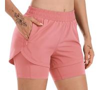 WUDEUI Womens 2 in 1 Running Shorts, High Waisted Athletic Gym Workout Yoga Trousers with Liner Zipped Pockets Pink