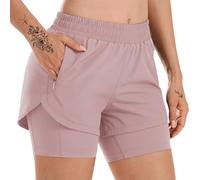 WUDEUI Womens 2 in 1 Running Shorts, High Waisted Athletic Gym Workout Yoga Trousers with Liner Zipped Pockets Purple