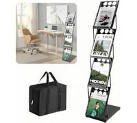WUDLEP A4 Magazine Brochure Display Stand, 4 Pockets Folding Magazine Rack with Carrying Bag, Black Book Literature Floor Display Stand for Office, Trade Show, Exhibitions