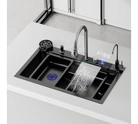 WUDLEP Drop-in Waterfall Sink Workstation with Faucet Combo and Cup Washer, 26.8" x 18.1" x 8.7" Stainless Steel Waterfall Bowl, Modern Smart Undermount Kitchen Unit, for Household Use, Gun Grey
