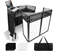 WUDLEP Upgraded DJ Booth with Wheels, 40"x20"x46" DJ Facade Booth with White and Black Scrim, Portable Foldable DJ Table Stand with Carry Bag, for Party, Event, Wedding