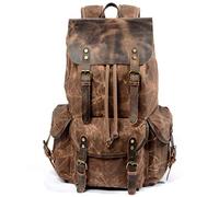WUDON Leather Backpack for Men, Waxed Canvas Shoulder Rucksack Carry-On Travel Backpack, Coffee-oversize, Oversize, Travel Backpack