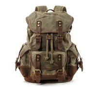 WUDON Men Travel Backpack, Genuine Leather-Waxed Canvas Shoulder Hiking Rucksack, Green, L, Laptop