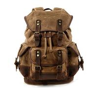 WUDON Men Travel Backpack, Genuine Leather-Waxed Canvas Shoulder Hiking Rucksack, Khaki, L, Travel Backpacks