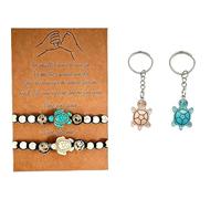 WUERKIYA Bead Bracelet Set with Turquoise Turtle Charms - Adjustable Woven Bracelets and Matching Keychains - Symbolic Friendship or Couple Gift for Men and Women - Boho Style Accessories