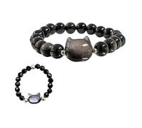 WUERKIYA Black Obsidian Cat Bracelet with Matching Ring - Cute Cat Head Design, Adjustable Elastic Fit, Stylish Jewellery Set for Relaxation, Mindfulness & Gift Giving