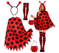WUEURU Ladybug Costume Set Women Ladybug Antenna Candy Bag Headband Polka Cape Striped over The Knee Stockings for Women Adult Halloween Dress Cosplay Party Accessories