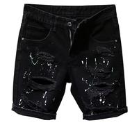 WUFANGBU Black Denim Shorts For Men Thin Cut Perforated Personalized Slim Fit Small Footy Five Quarter Pants 33 Black