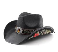 WUFANGBU Cowboy Hats Beach Sun Hats Men'S And Women'S Flower Embroidered Straw Hats Top Hats Sun Protection Big Brimmed Hats M（56-58Cm） Black