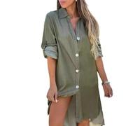WUFANGBU Dress Dress Denim Shirt Dress Shirt Collar Long Sleeves Women A-Line Style Solid Color Dress Single Breasted Knee-Length Dress