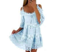 WUFANGBU Dresses For Women Embroidery Lace Shoulder Mini Dress Scoop Neck Half Sleeves Loose Fit Dress Female Clothing M Lightblue