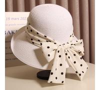 WUFANGBU Elegant Rolled Edge Polka Dot Bow Basin Hat For Women'S Seaside Vacation Beach Hat Sun Protection And Sunshade Straw Hat One Size White