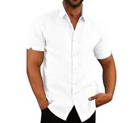 WUFANGBU Mens T Shirts Cotton Linen Shirts For Men Casual Short Sleeved Shirts Blouses Solid Turn-Down Collar Beach Shirts Male Clothing S White