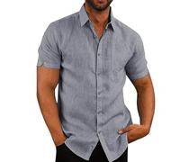 WUFANGBU Mens T Shirts Cotton Linen Shirts For Men Casual Short Sleeved Shirts Blouses Solid Turn-Down Collar Beach Shirts Male Clothing L Gray