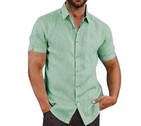 WUFANGBU Mens T Shirts Cotton Linen Shirts For Men Casual Short Sleeved Shirts Blouses Solid Turn-Down Collar Beach Shirts Male Clothing L Fruitgreen