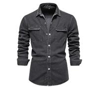 WUFANGBU Mens T Shirts Cotton Men Denim Shirts Solid Color Double Pocket Casual Long Sleeve Shirts For Men Thick Cowboy Shirts Men Eurxl80-90Kg Black