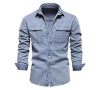 WUFANGBU Mens T Shirts Cotton Men Denim Shirts Solid Color Double Pocket Casual Long Sleeve Shirts For Men Thick Cowboy Shirts Men Eurm60-70Kg Blue