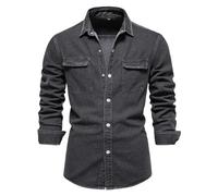 WUFANGBU Mens T Shirts Cotton Men Denim Shirts Solid Color Double Pocket Casual Long Sleeve Shirts For Men Thick Cowboy Shirts Men Eurxxl90-100Kg Black