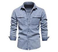 WUFANGBU Mens T Shirts Cotton Men Denim Shirts Solid Color Double Pocket Casual Long Sleeve Shirts For Men Thick Cowboy Shirts Men Eurxl80-90Kg Blue