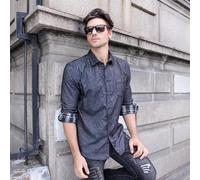 WUFANGBU Mens T Shirts Cotton Men Shirts Solid Color Single Pocket Long Sleeve Shirts For Men Shirts Men Eurs45-55Kg S7057-Bk