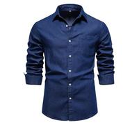 WUFANGBU Mens T Shirts Cotton Men'S Denim Shirt Solid Color Single Pocket Casual Long Sleeve Shirt Jeans Shirt For Men Eurl70-80Kg Darkblue
