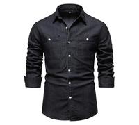 WUFANGBU Mens T Shirts Cotton Men'S Denim Shirt Solid Color Single Pocket Casual Long Sleeve Shirt Jeans Shirt For Men Eurl70-80Kg 6016-Black