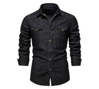 WUFANGBU Mens T Shirts Elastic Cotton Denim Shirt Men Long Sleeve Quality Cowboy Shirts For Men Casual Slim Fit Jeans Men Shirts Eurxxl90-100Kg Black