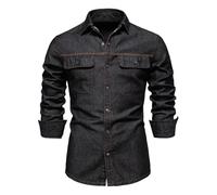 WUFANGBU Mens T Shirts Mens Cotton Denim Shirts Double Pocket Casual Cowboy Mens Shirts Long Sleeve Jeans Shirts For Men Eurs60-70Kg 6025-Black