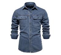 WUFANGBU Mens T Shirts Mens Cotton Denim Shirts Double Pocket Casual Cowboy Mens Shirts Long Sleeve Jeans Shirts For Men Eurs60-70Kg 6025-Darkblue