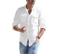 WUFANGBU Mens T Shirts Men'S Shirt Cargo Shirt Beach Shirts For Men Cotton Linen Casual Long-Sleeved Shirt Male Usm White