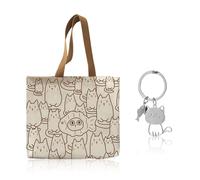 WUFGWBD 1 Cat Pattern Canvas Handbag with Keychain, Large Capacity, Foldable, Beige, Women's Cat Lovers Modern Style Everyday Use